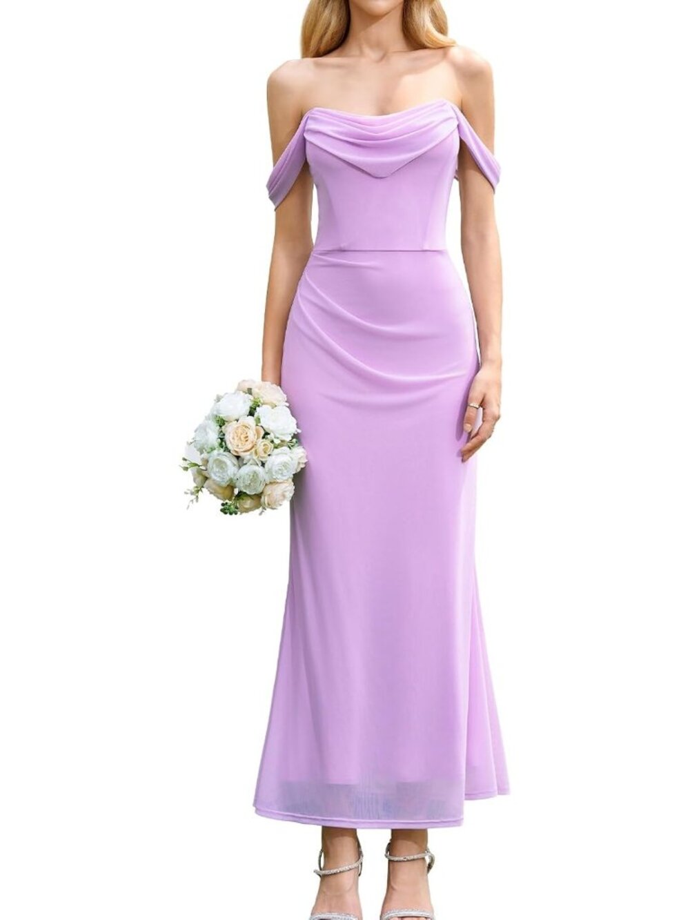 Women's Lavender Off The Shoulder Bodycon Corset Formal Wedding Guest Maxi Dress